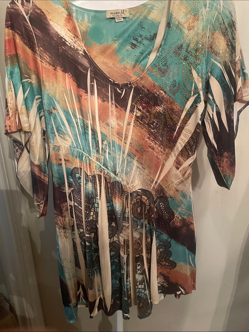 ONE WORLD Multicolor Abstract Scoop Neck Top with Turquoise and Brown